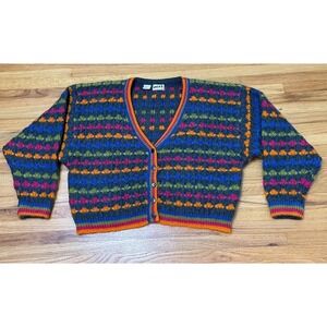 Mexx‎ Cardigan Sweater Women's M Blue Geometric Fuzzy  Button Mohair Striped